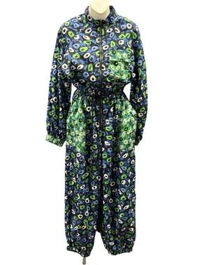 DVF x Target  Navy, Blue & Green Printed Zip-Front Jumpsuit